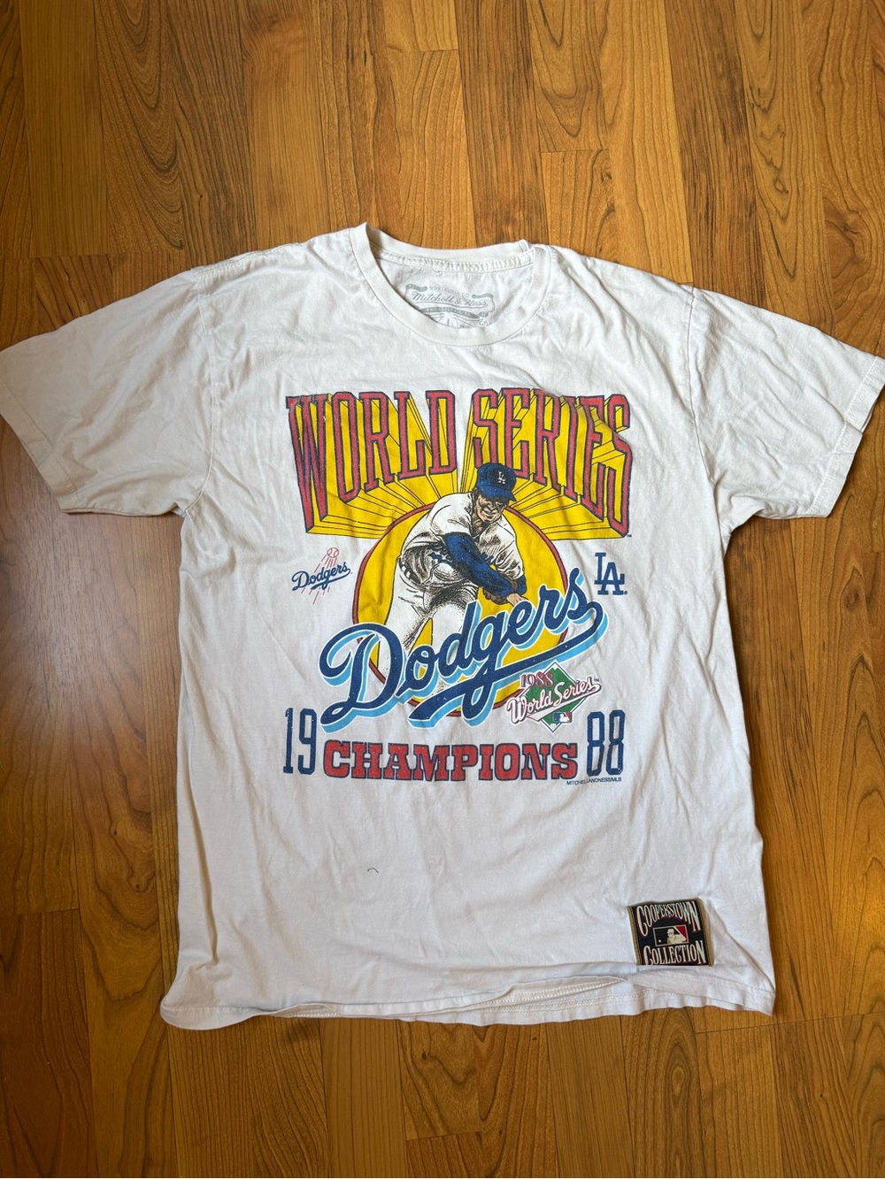 Mitchell & Ness White Graphic Tee with Yellow and Red Print
